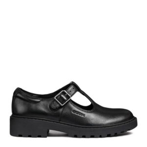 Geox Casey T-Bar School Shoe - Black Leather